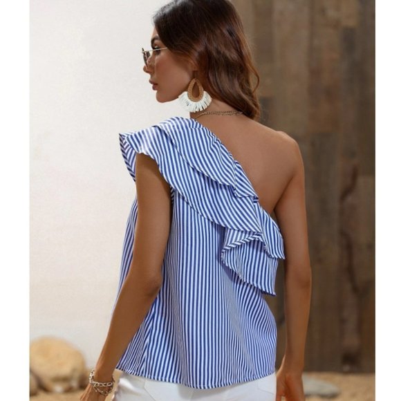 Vertical Striped Ruffle Trim One Shoulder Blouse NWT - Size Medium - Picture 2 of 6